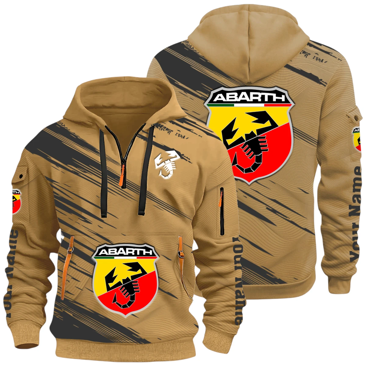 Classic Automotive Half Zip Hoodie All Over Prints Multi-Pockets Y26QZ3H - Khaki