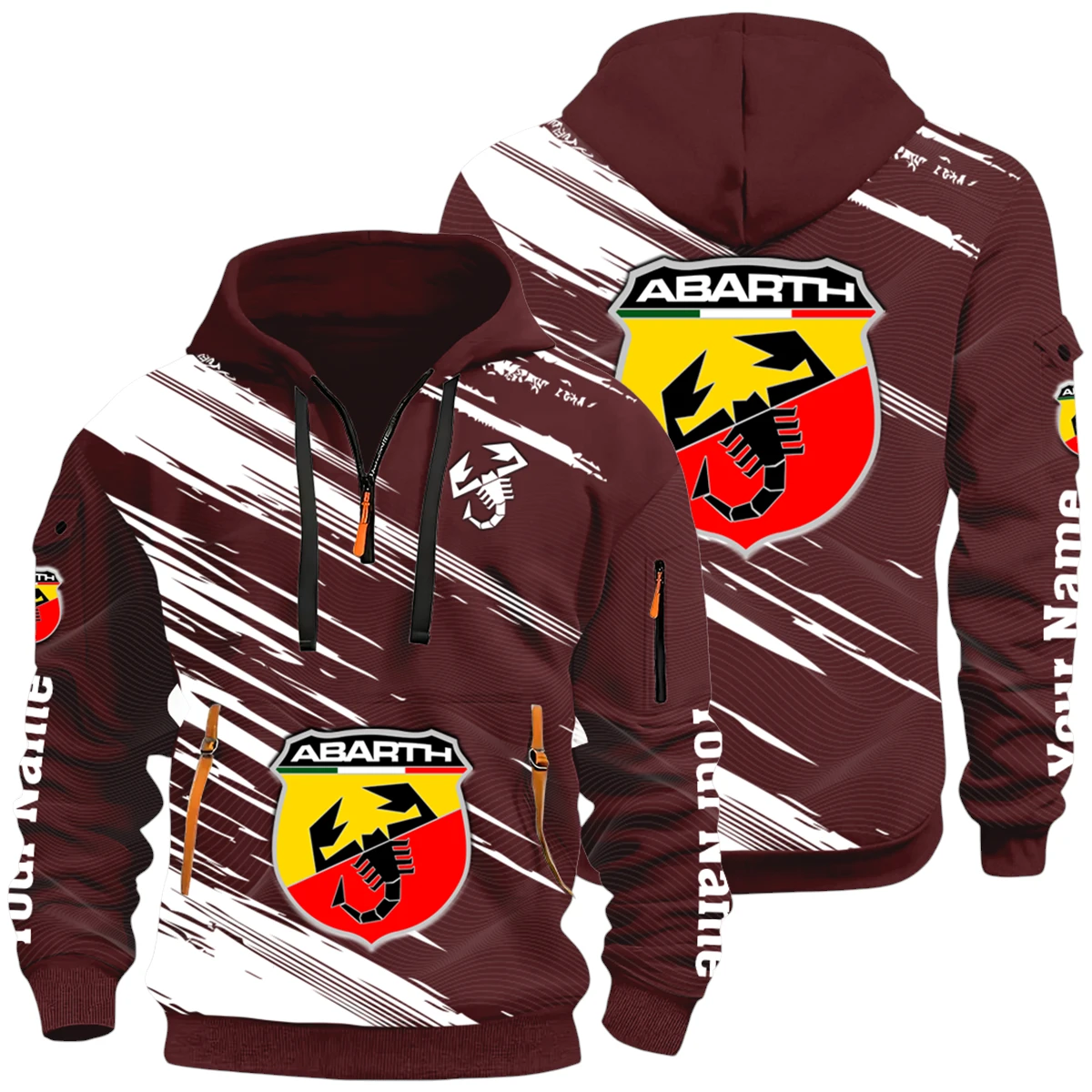 Classic Automotive Half Zip Hoodie All Over Prints Multi-Pockets Y26QZ3H - Red Wine