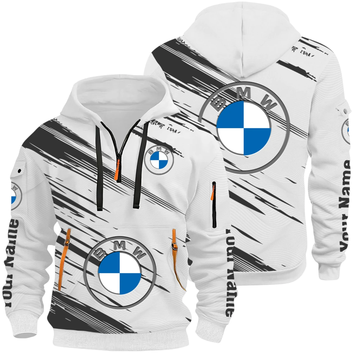 Convertible Vehicles Half Zip Hoodie All Over Prints Multi-Pockets Y26QZ3H - White