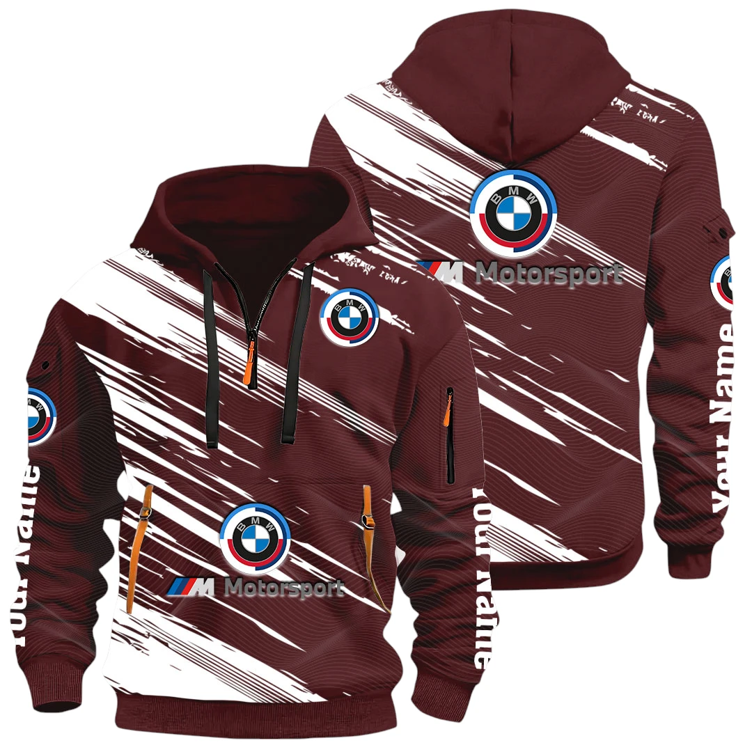 Limited Edition Sports Car Half Zip Hoodie All Over Prints, Multi-Pockets Y26QZ3H - Red Wine