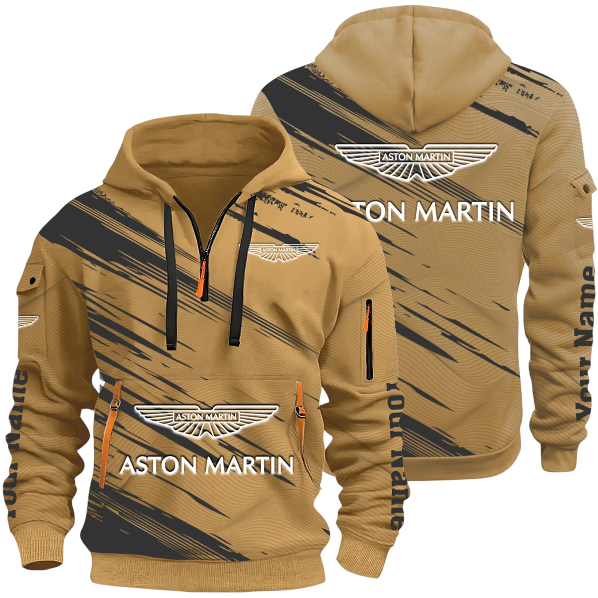 Luxury Roadster Half Zip Hoodie All Over Prints Multi-Pockets Y26QZ3H - Khaki