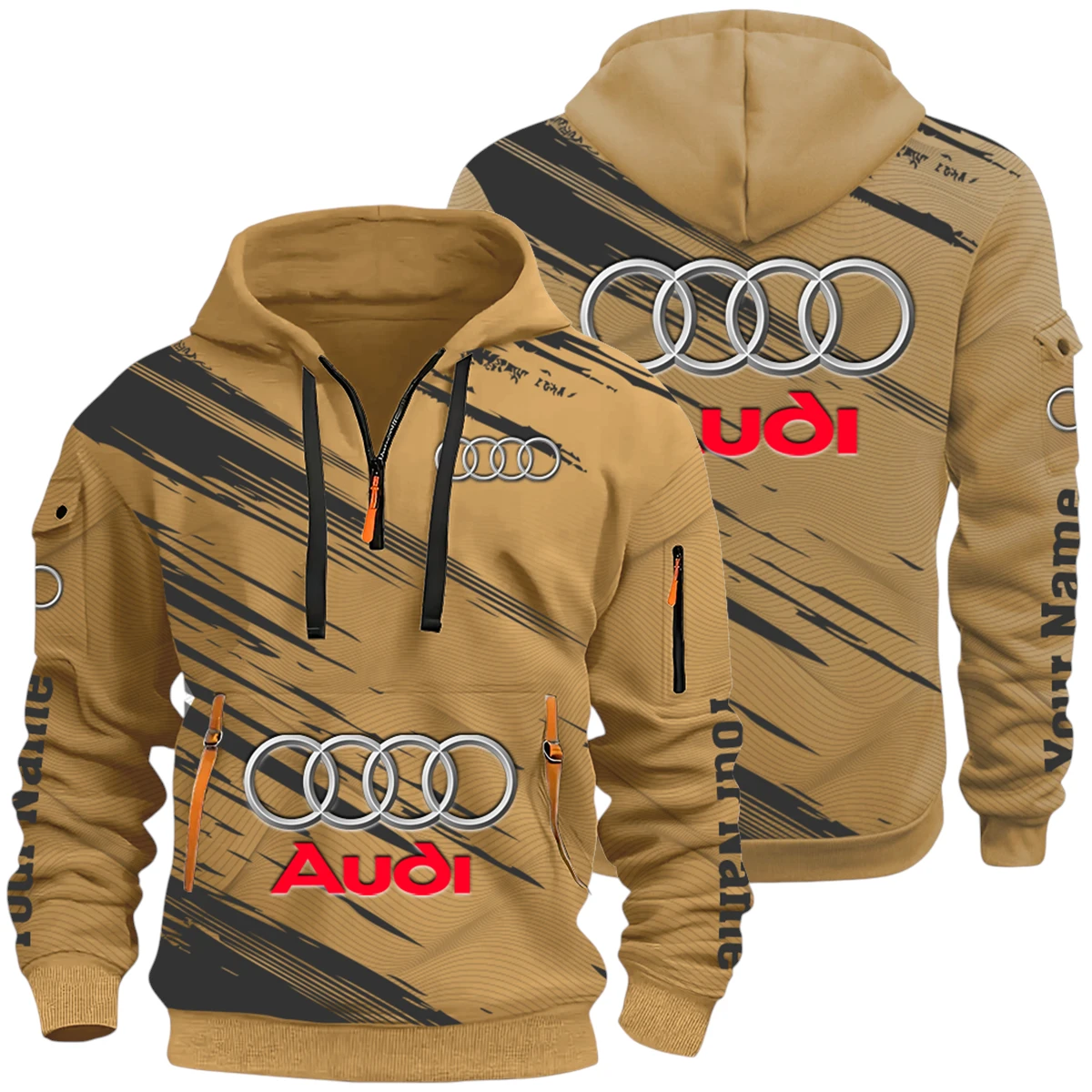 Luxury Sedan Half Zip Hoodie All Over Prints Multi-Pockets Y26QZ3H - Khaki