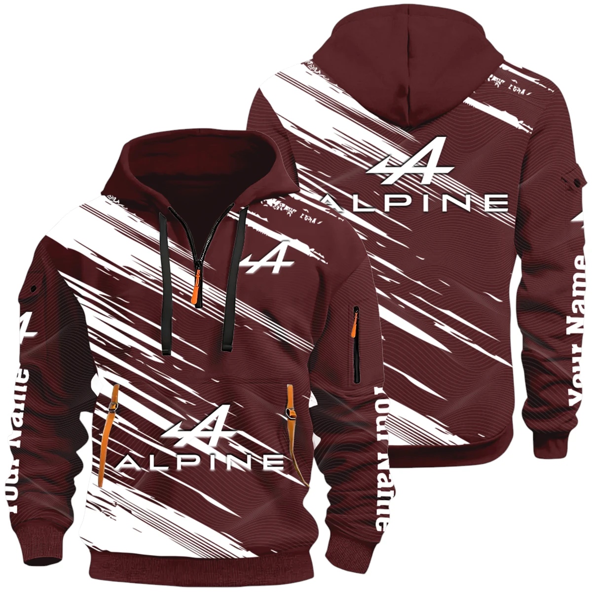 Neo-Retro Vehicles A110 Half Zip Hoodie All Over Prints Multi-Pockets Y26QZ3H - Red Wine