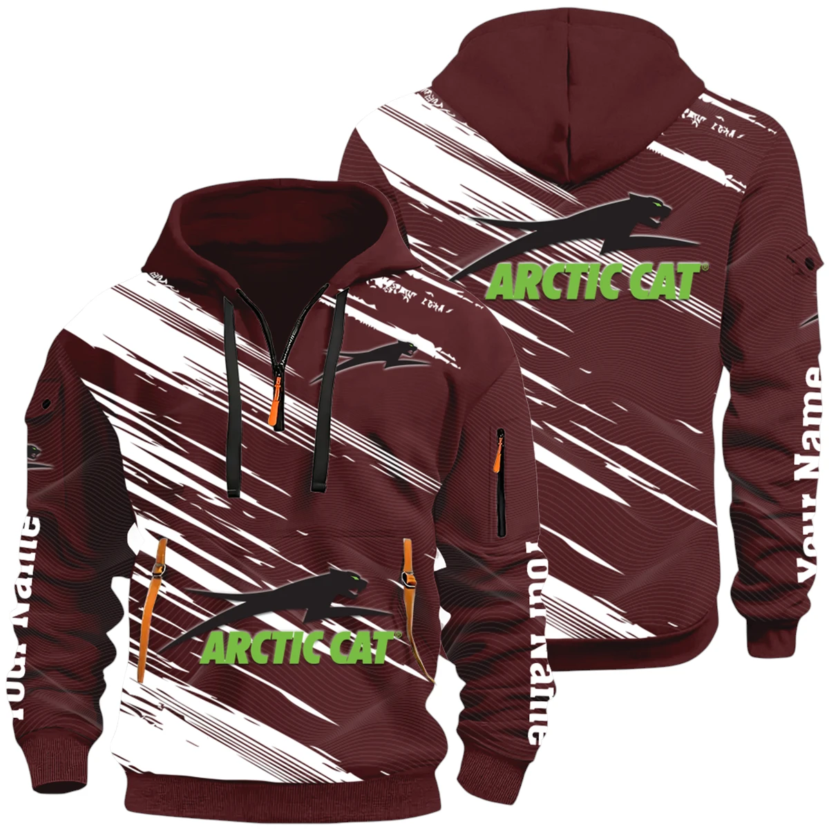 Powersports Vehicles Half Zip Hoodie All Over Prints Multi-Pockets Y26QZ3H - Red Wine